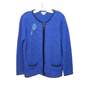 Blue Jay Knit Zip Cardigan Embroidery Sweater Pockets Womens L Granny Grannycore